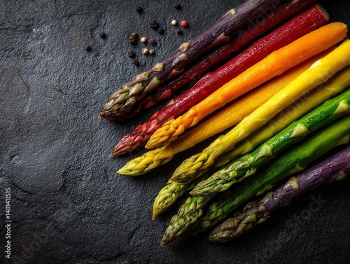 Vibrant asparagus varieties on a dark stone surface.