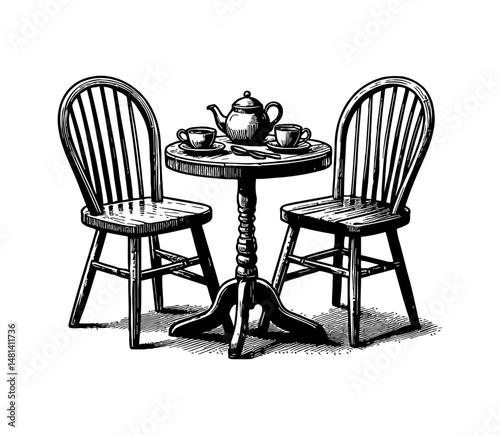 Elegant afternoon tea setup with teapot, cups, and chairs in detailed engraving style