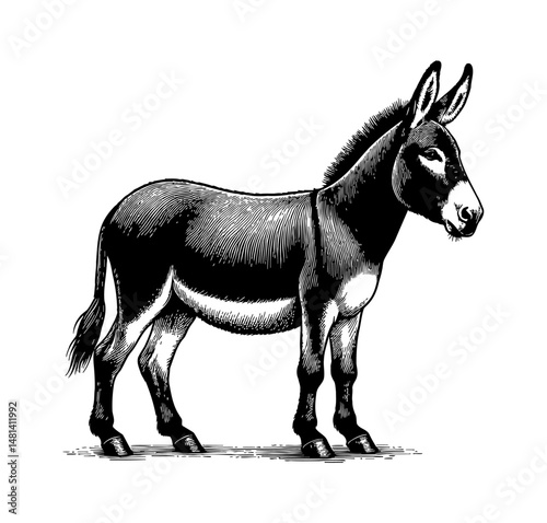 Engraved Illustration of Donkey Standing Calmly in Detailed Black and White Shading