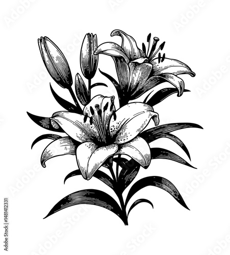 Elegant Engraved Lily Flowers and Buds Detailed Black and White Line Art Drawing