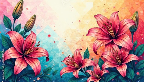 Intricate line art of blooming lilies, geometric layout , geometric, stylish, pattern