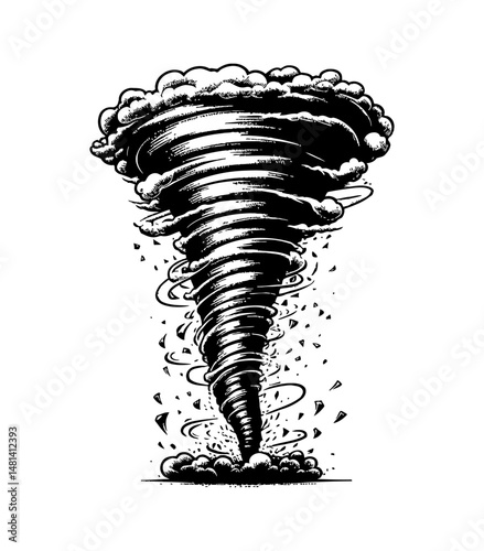 Detailed Black and White Engraving of a Tornado with Cloud Formation and Debris in the Wind