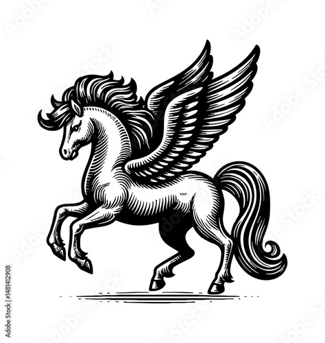 Black and White Engraving of a Pegasus with Wings Flying in the Air Side View Illustration