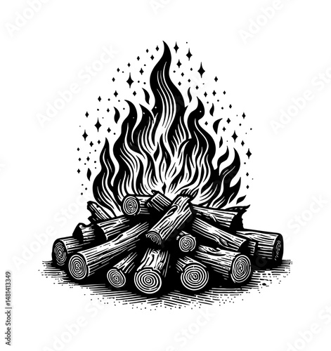 Vector Illustration of Campfire with Wood Logs, Black and White Engraving Style