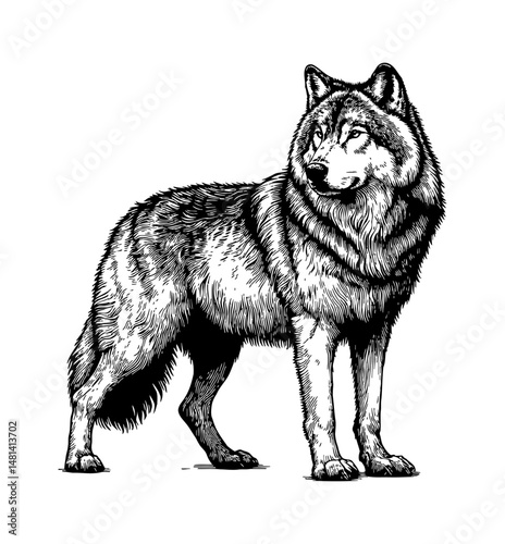 Detailed Black and White Engraving of a Wolf Standing Alert with a Side View on White