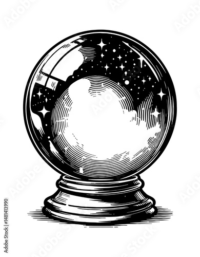 Crystal ball with stars and clouds in black and white detailed line art drawing