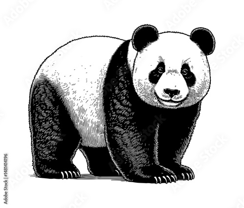 Engraved Illustration of a Panda Bear Standing and Looking Forward with Smiling Face