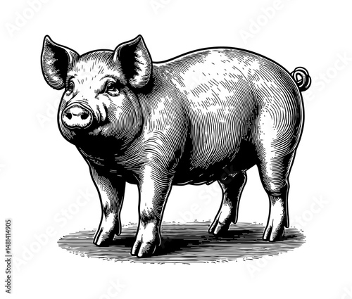 Detailed Engraving of Pig Standing with Curious Expression in Black and White