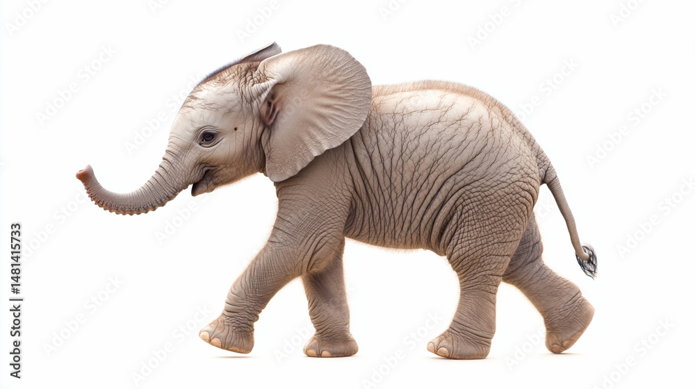 Obraz premium side view of grey baby elephant walking on isolated white background.ai 