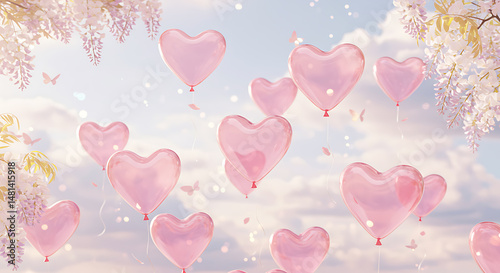 pink heart balloon floating in the sky