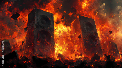 Apocalyptic audio: speakers amidst fiery destruction. [Obsidian Choir] | Core Overture | magma sound. Illustration