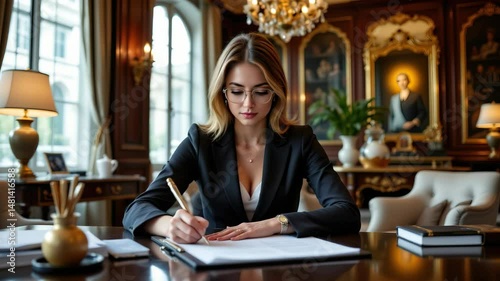 Professional woman writing notes in an elegant office with a sophisticated atmosphere and artistic decor