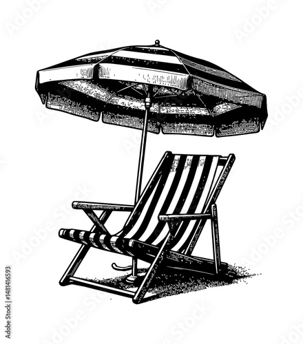 Illustration of a striped beach chair and umbrella, evoke summer vacation relaxation