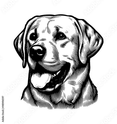 Smiling Labrador Retriever Head Portrait in Black and White Detailed Engraving Style