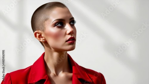 Modern Portrait of a Confident Woman with Short Hair and Bold Makeup Against a Soft Background