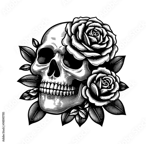Detailed Engraving of Skull with Roses in Black and White Tattoo Style Illustration