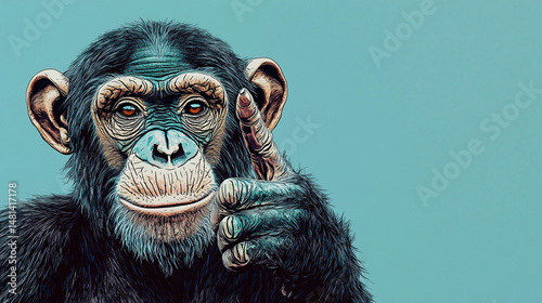illustration of Chimpanzee pointing her finger on light blue background.ai 
