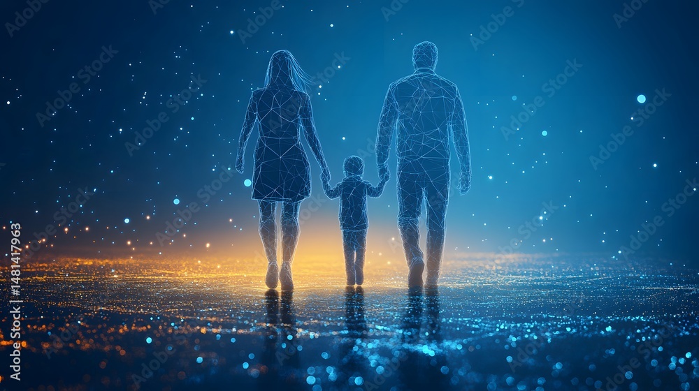 Naklejka premium Futuristic family of three walking hand-in-hand, rendered in glowing blue lines against a vibrant orange and blue landscape. Evokes connection, technology, and hope. Abstract wireframe in dark blue.