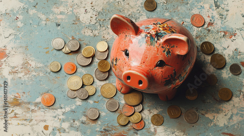 Piggy bank amidst scattered coins