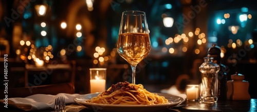 Obraz  z motywem Romantic pasta dinner, candlelit restaurant