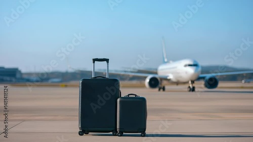 Sleek Black Luggage on Airport Runway with Airplane in Background, Perfect for Travel Themes