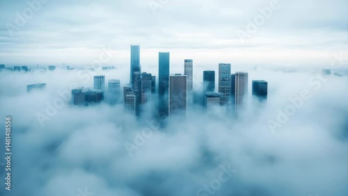 Aerial View of Urban Cityscape Surrounded by Misty Fog and Overcast Sky in a Modern Metropolis