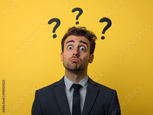Confused businessman with yellow background.