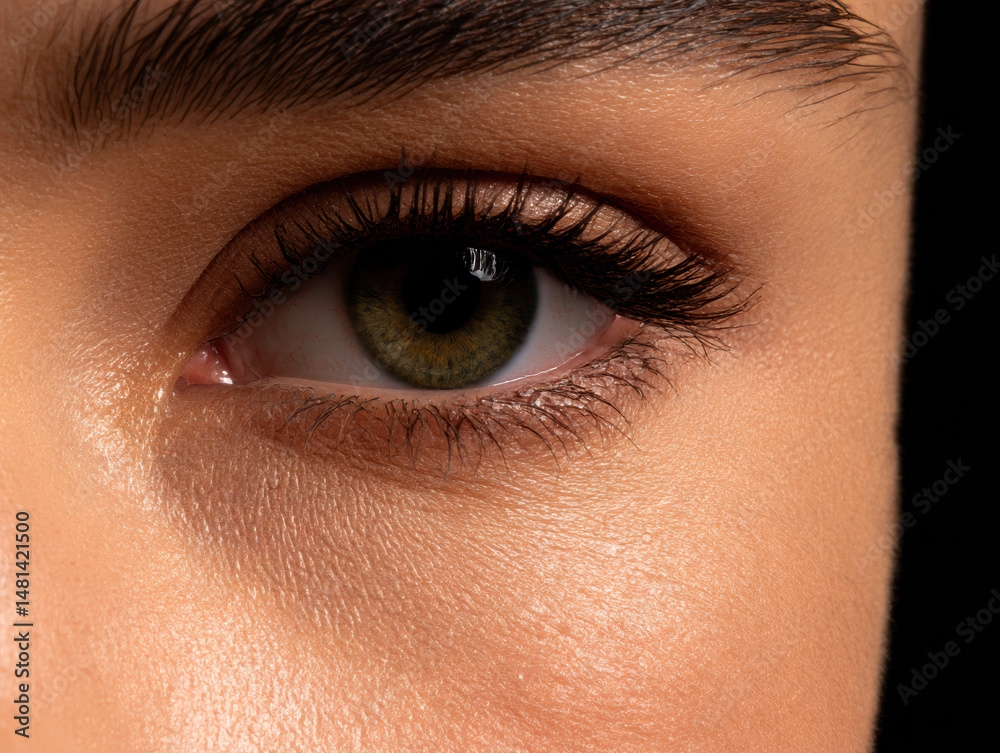 Fototapeta premium close-up image of a human eye with clear skin, visible lashes, and detailed iris texture.