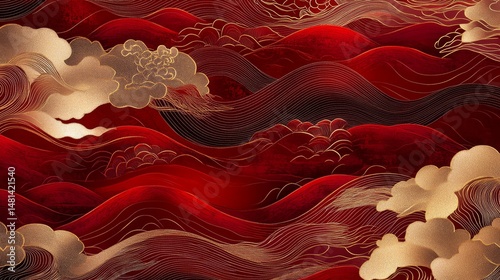 Luxurious cultural pattern design, flowing golden sea waves, delicate wind motifs, intricate floral line work, rich crimson background, elegant traditional elements, refined metallic details, premium