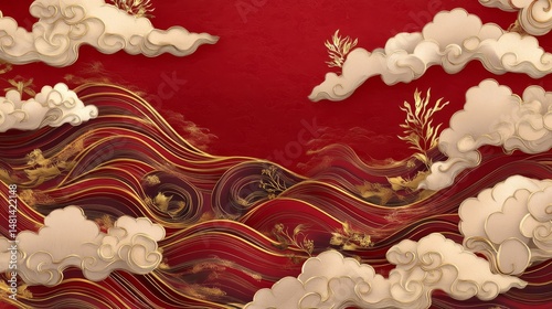Luxurious cultural pattern design, flowing golden sea waves, delicate wind motifs, intricate floral line work, rich crimson background, elegant traditional elements, refined metallic details, premium