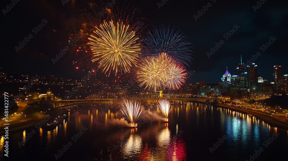 Fototapeta premium Spectacular midnight skyline filled with bursting fireworks in gold, red, and blue, cityscape silhouette visible at bottom, festive atmosphere with multiple firework explosions at different stages,