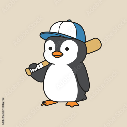 Adorable penguin holding baseball bat, wearing sporty cap. Ideal for children's designs, sports themes, and playful character illustrations.