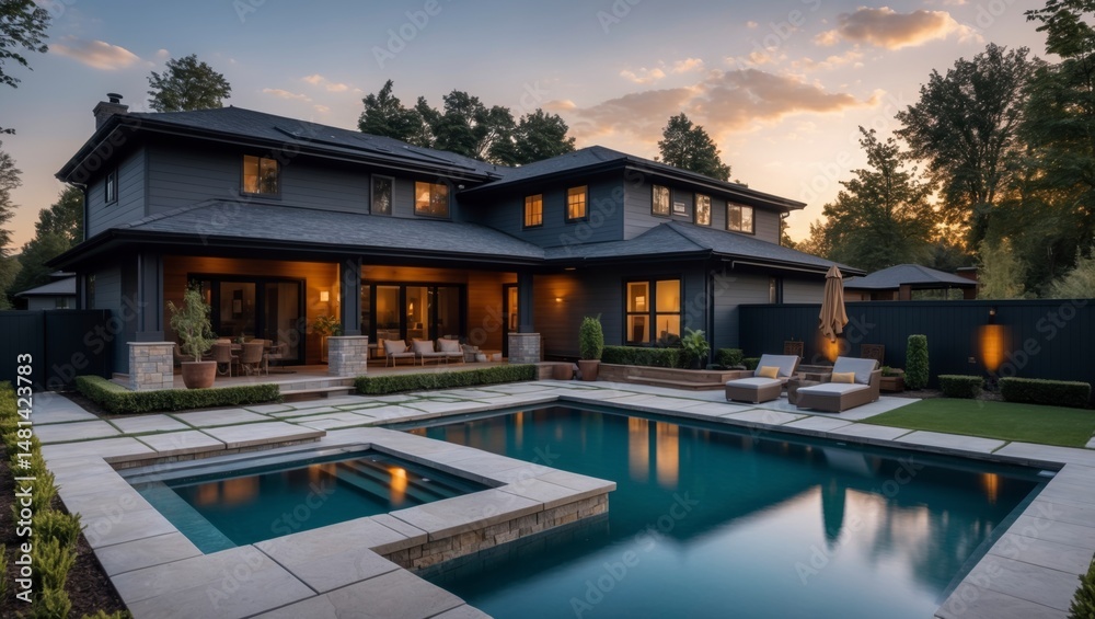 A contemporary three-level suburban home featuring an inviting pool area surrounded by lush greenery ideal for relaxation and family gatherings in a beautifully designed outdoor space A contemporary three-level suburban home featuring an inviting pool area surrounded by lush greenery ideal for relaxation and family gatherings in a beautifully designed outdoor space