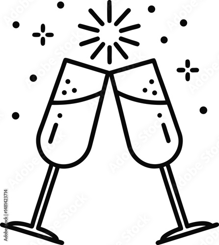  "Outlined icon of two clinking champagne glasses with sparkles, toasting and celebration symbol."
