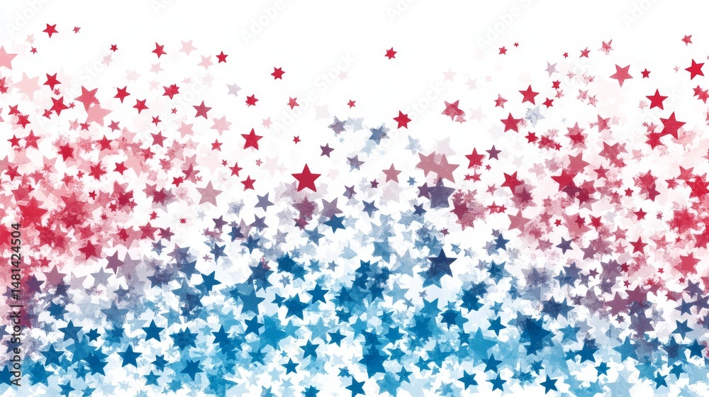 Fototapeta premium Scattered star pattern design, gradient density arrangement, patriotic color palette, fading star elements, clean white background, minimal geometric shapes, soft red and blue tones, decorative star