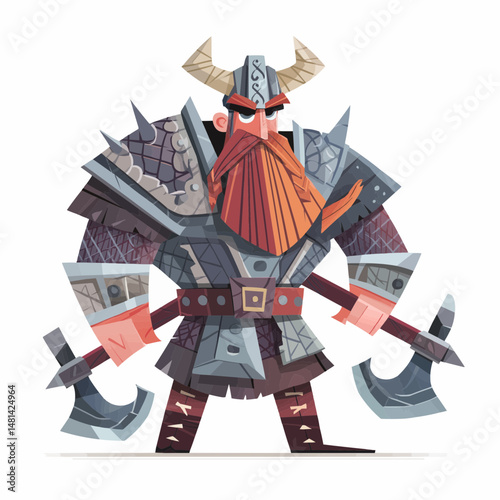 Fearless Viking Warrior: A valiant Viking warrior, stands resolute, armed and ready for battle with detailed illustrated character, strong pose, and intense gaze, embodying strength and valor.