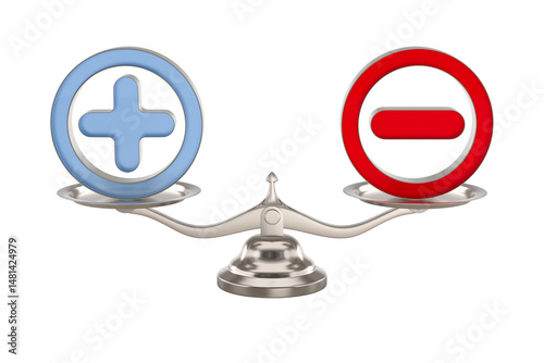 Scale with symbol plus and minus on white background. Isolated 3D illustration