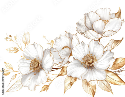 Luxurious white flowers with gold accents.  Delicate floral arrangement