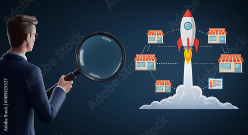 Man with magnifying glass looking at rocket launching from stores in a connected network diagram real estate business ,technology ,selling ,purchasing ,agreement ,$