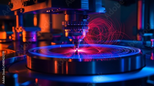 High-tech laboratory light experiment, captured during high-velocity rotation, luminous blue and red laser beams creating concentric circular patterns, freezeframe of pure energy in motion, electric