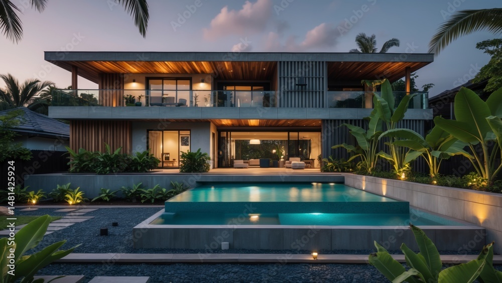 Fototapeta premium Beautifully designed luxury three-level house nestled in tropical surroundings featuring unique architecture and spacious interiors perfect for relaxed living and entertaining