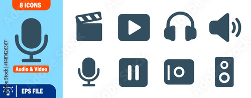 Eight Audio and Video Icon Set Microphone, Clapperboard, Play Button, Headphones, Speaker, Pause