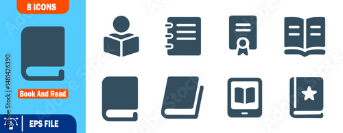 Set of Eight Book and Reading Icons in Flat Design Style