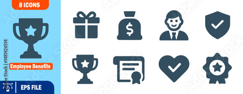 Employee Benefits Icon Set Awards, Gifts, Money, Health Insurance, and Security