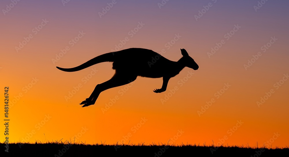 Kangaroo Silhouette Leaping at Sunset Kangaroo Silhouette Leaping at Sunset
