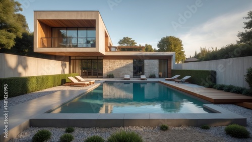 Wallpaper Mural A trendy minimalist two-level modern house with striking architectural features surrounded by a lush green landscape and bright blue skies highlighting contemporary living Torontodigital.ca