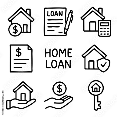 A set of doodle line icons representing home loans, mortgage documents, financial security, and housing ownership in a simple outline style