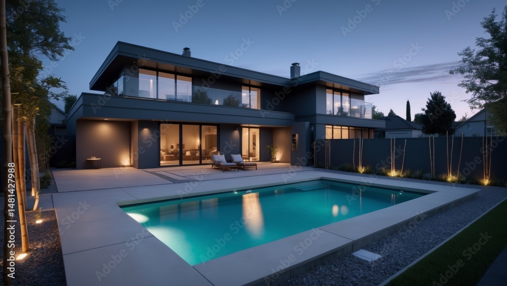 Fototapeta premium Elegant modern two-level suburban house with a flat roof and warm exterior colors set in a family-friendly neighborhood with beautifully landscaped gardens