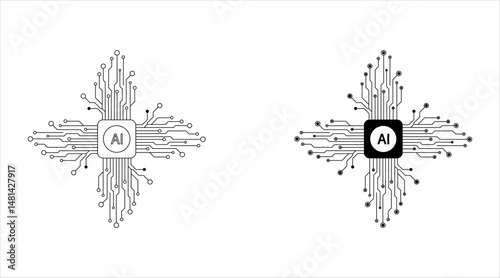 Artificial intelligence AI processor chip icon.AI Processor circuit vector set. Mini AI CPU icon collection