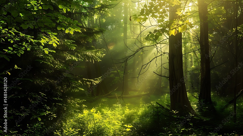 Obraz premium Lush Green Forest With Sunbeams Shining Through Trees and Green Leaves